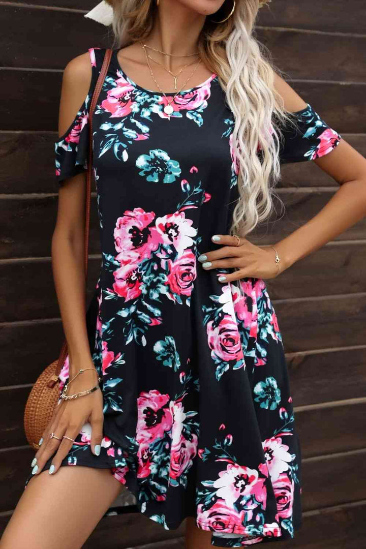 Floral Round Neck Cold-Shoulder Dress |1mrk.com