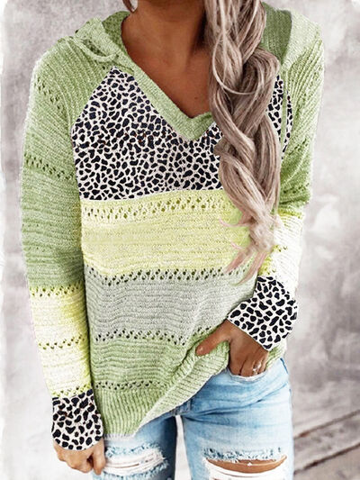 Full Size Openwork Leopard Drawstring Hooded Sweater |1mrk.com