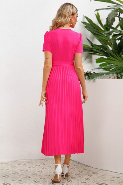 Pleated Surplice Short Sleeve Midi Dress |1mrk.com