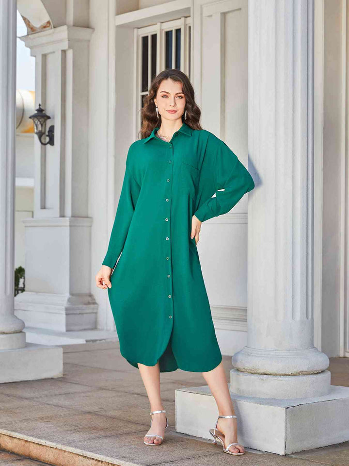 Collared Neck Long Sleeve Midi Shirt Dress |1mrk.com