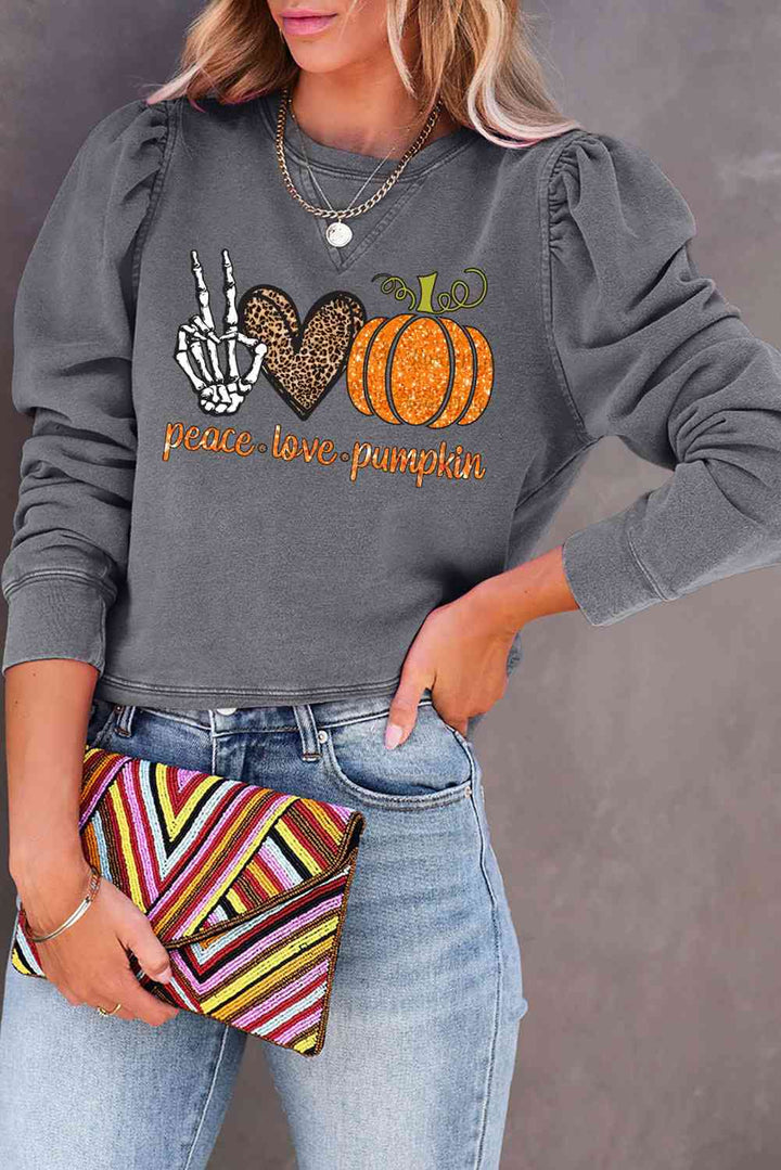 PEACE LOVE PUMPKIN Graphic Puff Sleeve Sweatshirt |1mrk.com