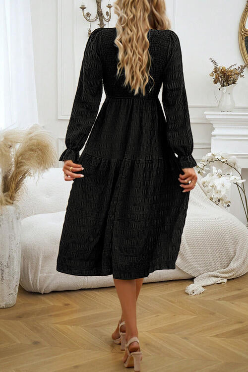 Round Neck Velvet Smocked Flounce Sleeve Dress | 1mrk.com