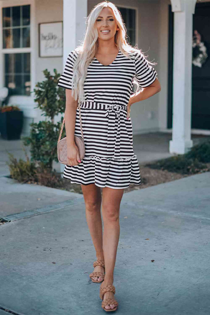 Striped Tie-Waist Frill Trim V-Neck Dress |1mrk.com