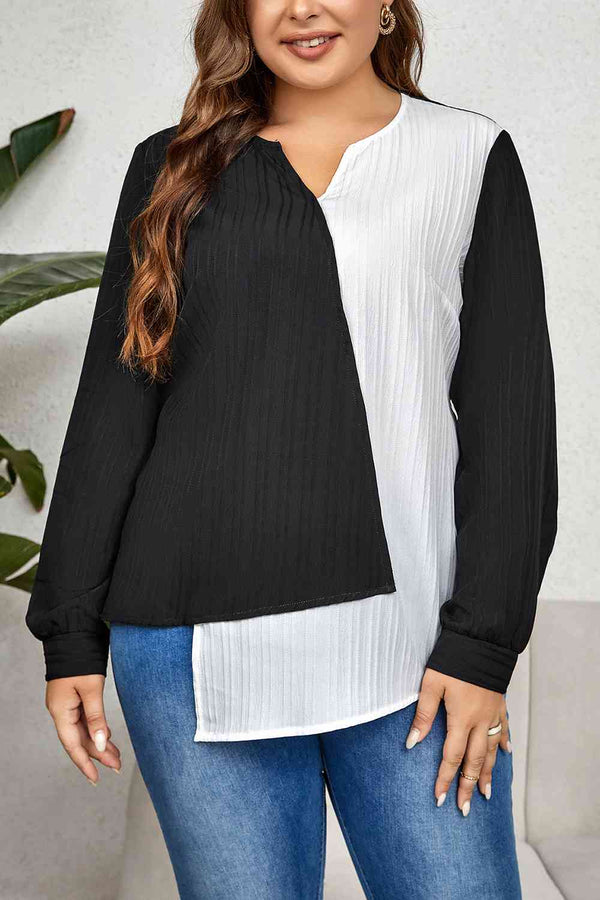 Plus Size Contrast Asymmetrical Long Sleeve Top | 1mrk.com