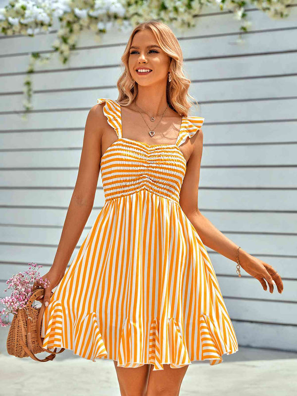 Striped Smocked Ruffle-Shoulder Sleeveless Dress |1mrk.com