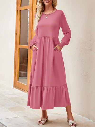 Round Neck Lantern Sleeve Ruffle Hem Dress | 1mrk.com