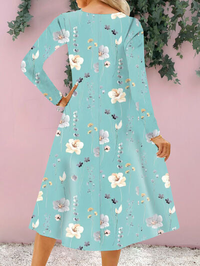 Floral Notched Long Sleeve Midi Dress |1mrk.com