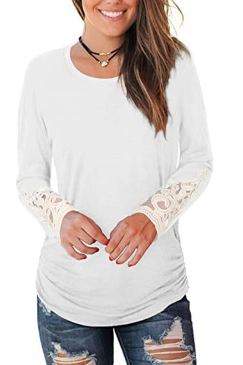 Lace Detail Long Sleeve Round Neck T-Shirt | 1mrk.com