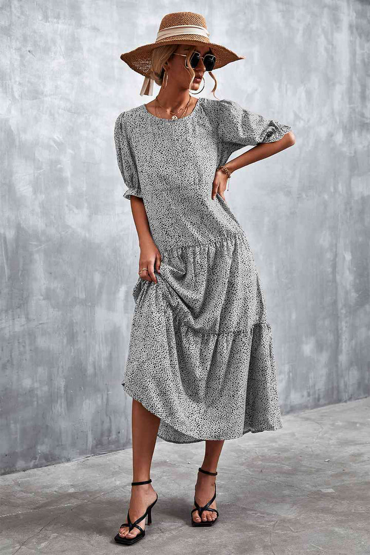 Printed Flounce Sleeve Tiered Dress |1mrk.com