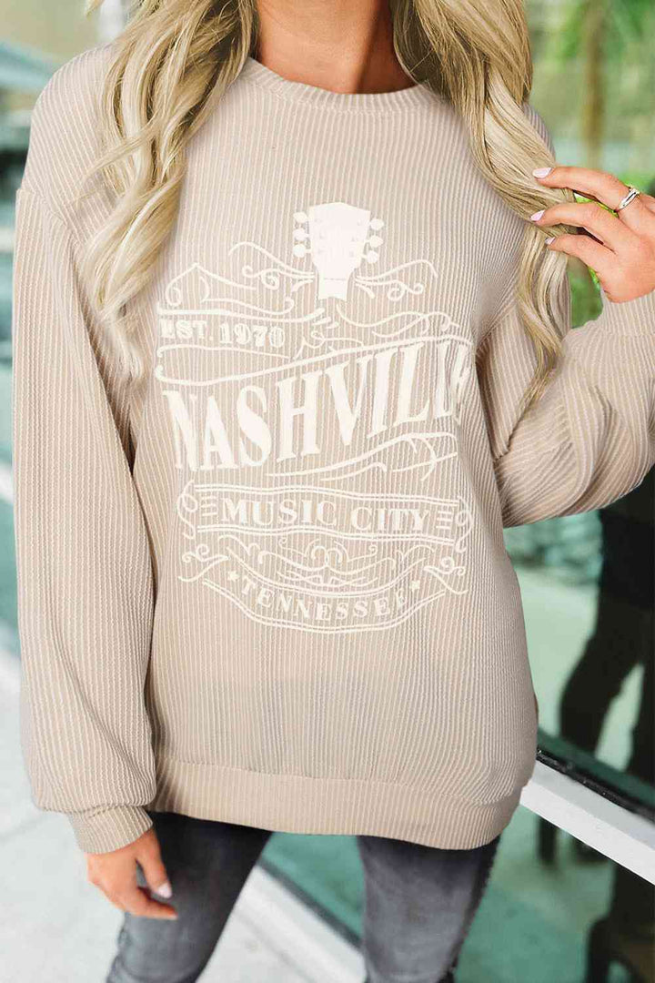 Ribbed Round Neck Long Sleeve Graphic Sweatshirt |1mrk.com