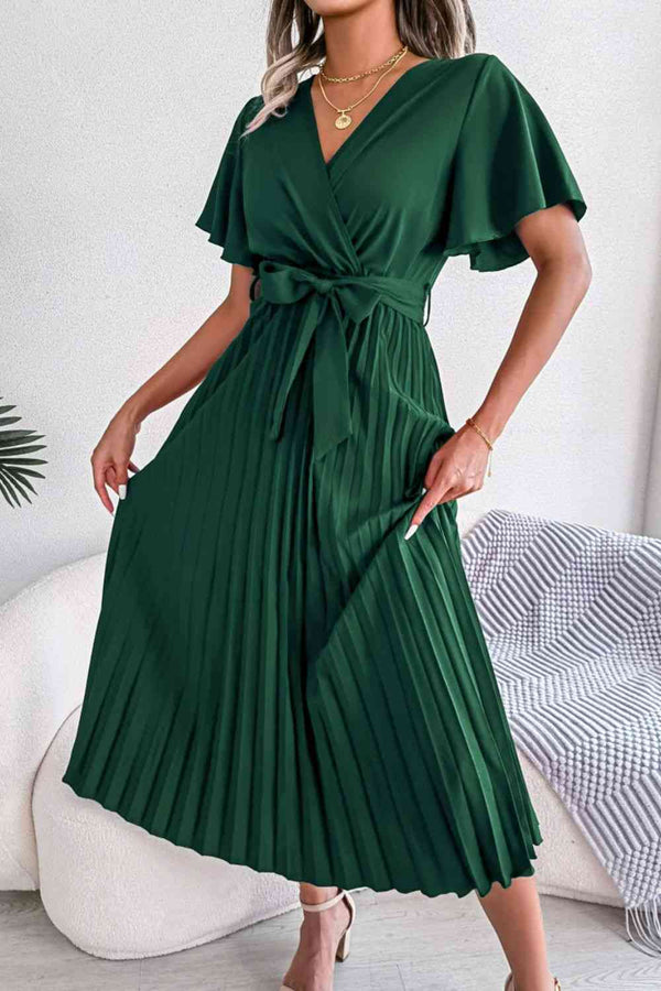 Pleated Flutter Sleeve Belted Dress | 1mrk.com