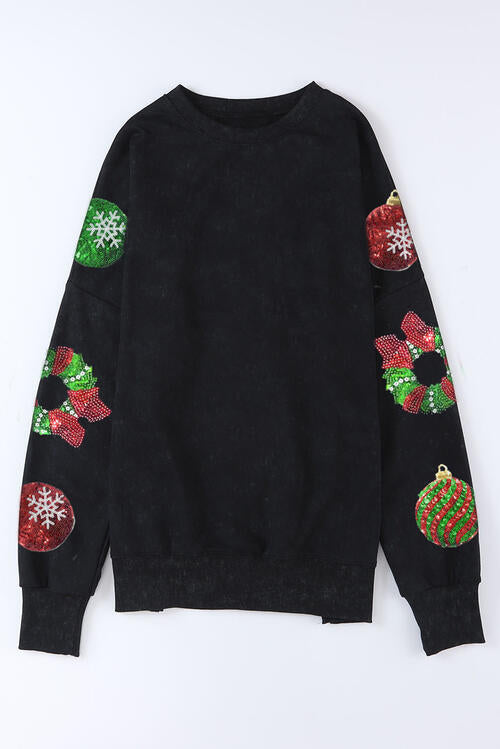 Sequin Christmas Element Round Neck Slit Sweatshirt |1mrk.com