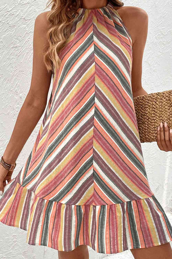 Striped Round Neck Sleeveless Mini Dress |1mrk.com