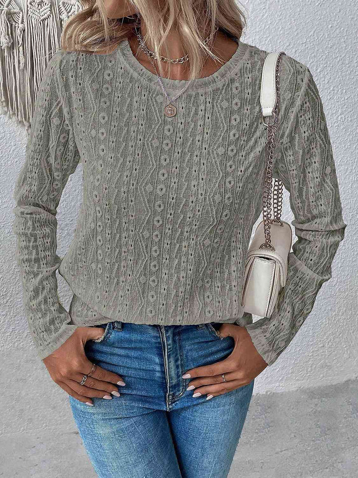 Eyelet Round Neck Long Sleeve Top | 1mrk.com