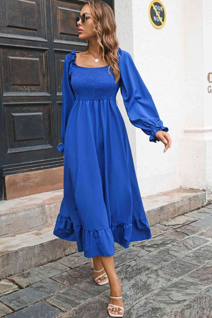 Smocked Ruffle Hem Flounce Sleeve Dress |1mrk.com