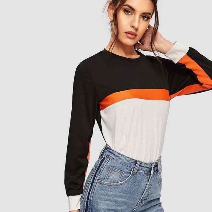 Color Block Round Neck Long Sleeve Tee | 1mrk.com