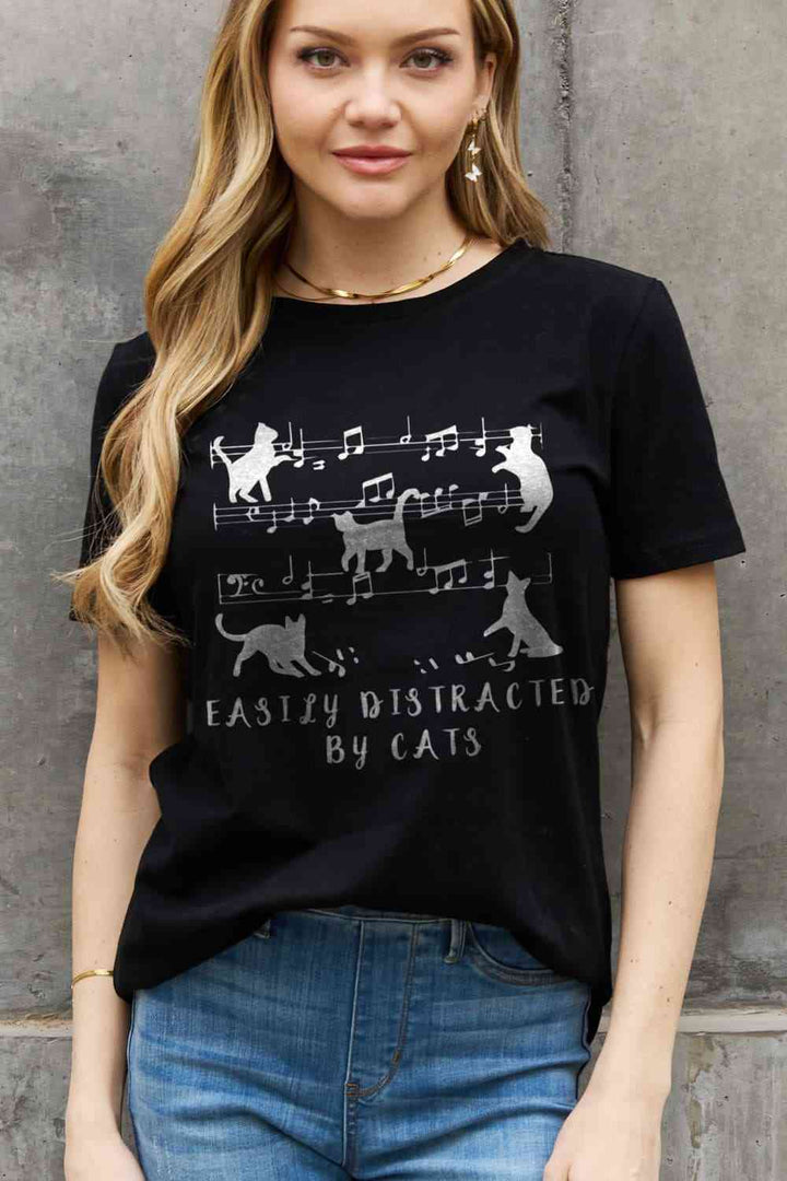 Simply Love Full Size EASILY DISTRACTED BY CATS Graphic Cotton Tee | 1mrk.com