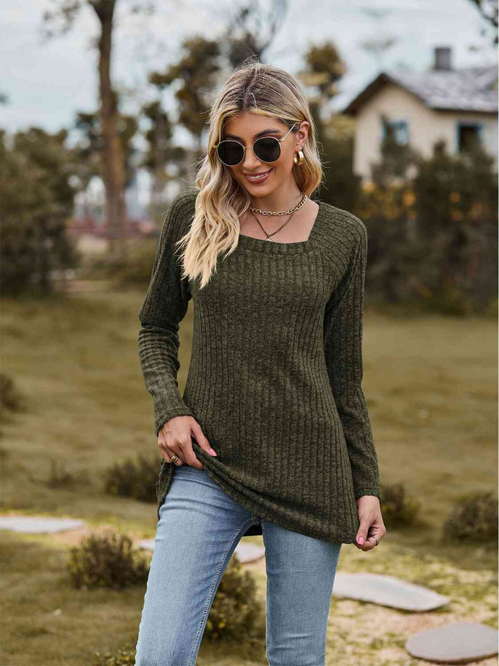 Full Size Ribbed Square Neck Long Sleeve T-Shirt | 1mrk.com