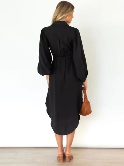 Drawstring Button Up Balloon Sleeve Dress |1mrk.com