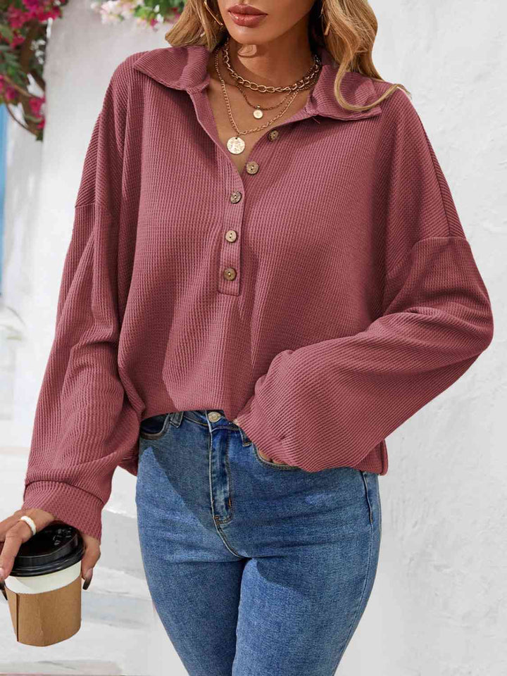 Half Button Collared Neck Long Sleeve Top | 1mrk.com