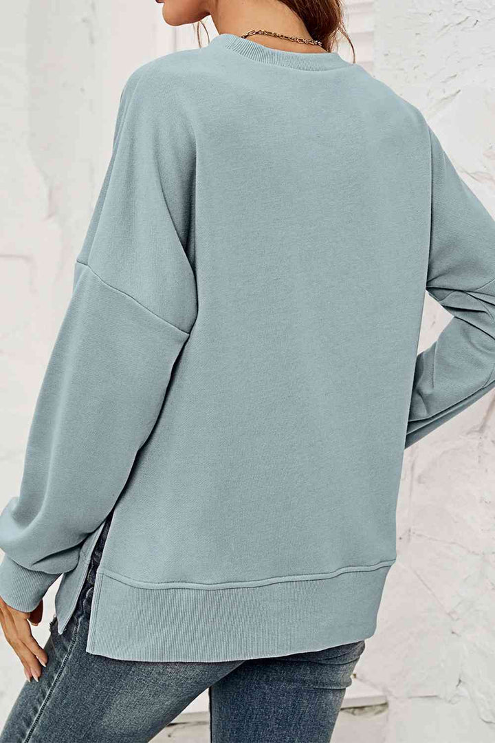 Round Neck  Dropped Shoulder Slit Sweatshirt |1mrk.com