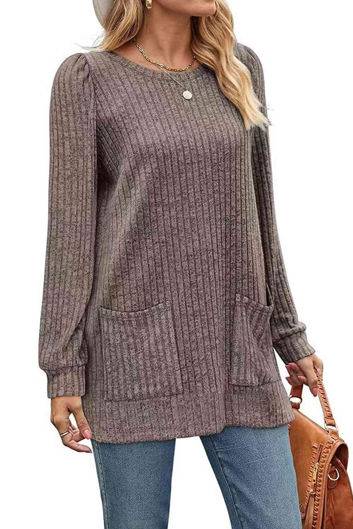 Ribbed Round Neck Long Sleeve T-Shirt | 1mrk.com