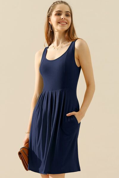 Doublju Full Size Round Neck Ruched Sleeveless Dress with Pockets |1mrk.com