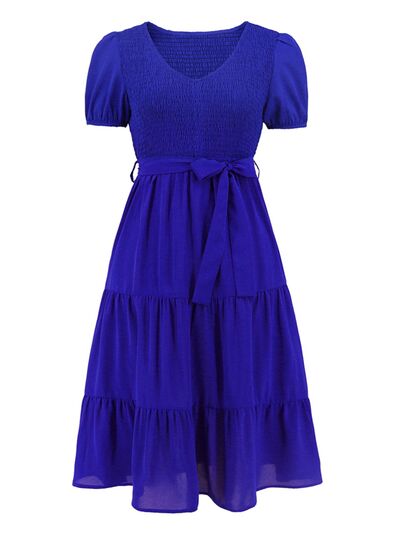 Smocked Tie Front Short Sleeve Tiered Dress |1mrk.com