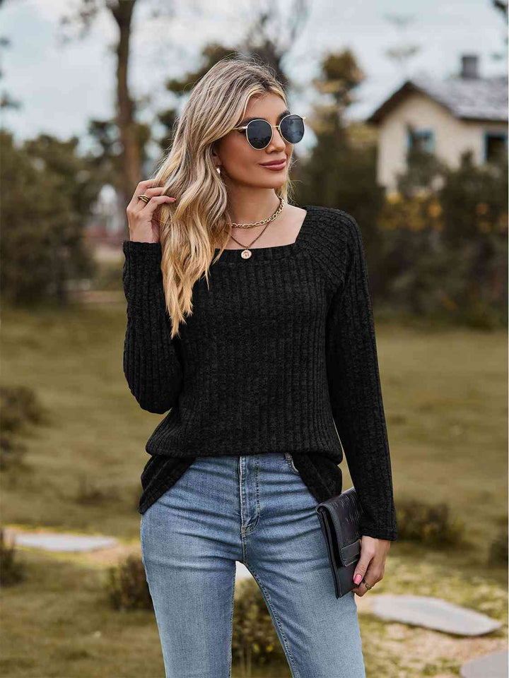 Full Size Ribbed Square Neck Long Sleeve T-Shirt | 1mrk.com