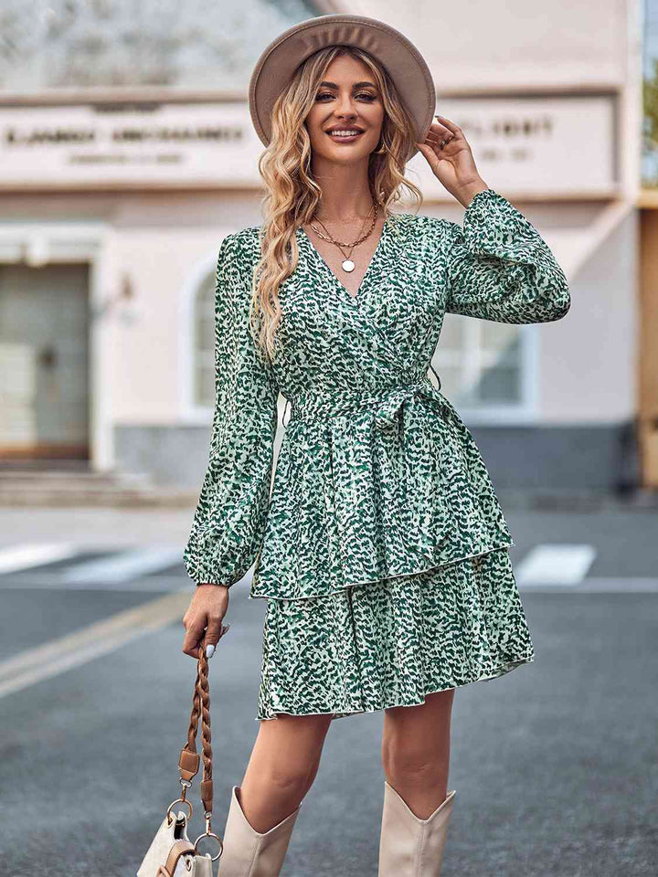 Long Sleeve Tie Waist Layered Dress |1mrk.com