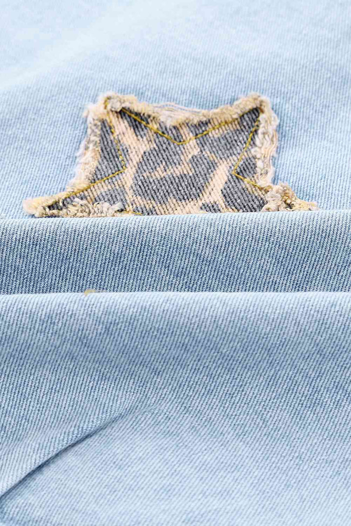 Leopard Star Applique Distressed Denim Jacket | 1mrk.com