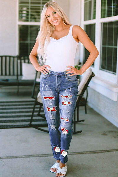 Santa Graphic Distressed Jeans with Pockets | 1mrk.com