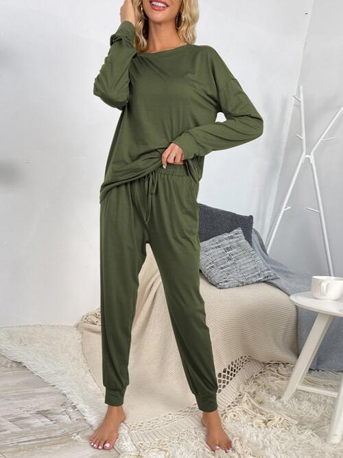 Round Neck Top and Drawstring Pants Lounge Set | 1mrk.com