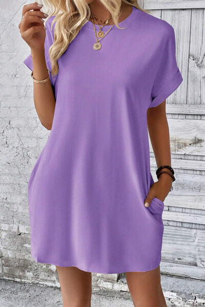 Pocketed Round Neck Short Sleeve Dress |1mrk.com