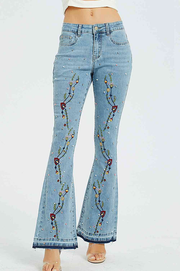 Full Size Flower Embroidery Wide Leg Jeans | 1mrk.com