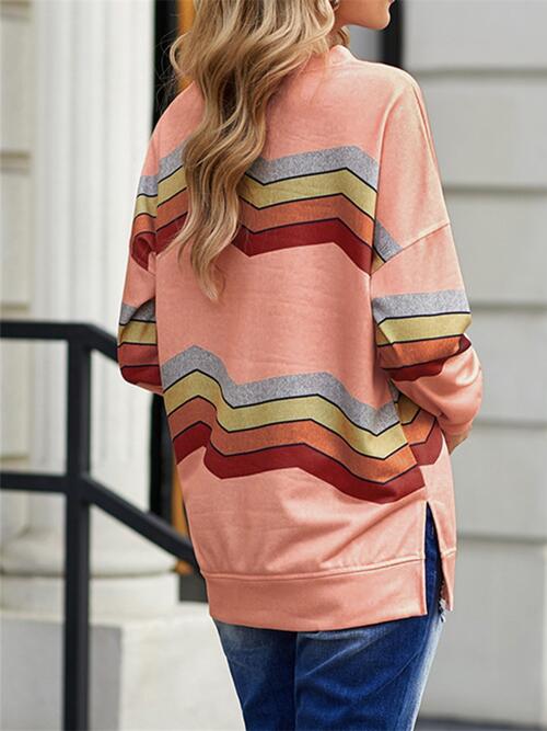 Striped Dropped Shoulder Slit Sweatshirt |1mrk.com