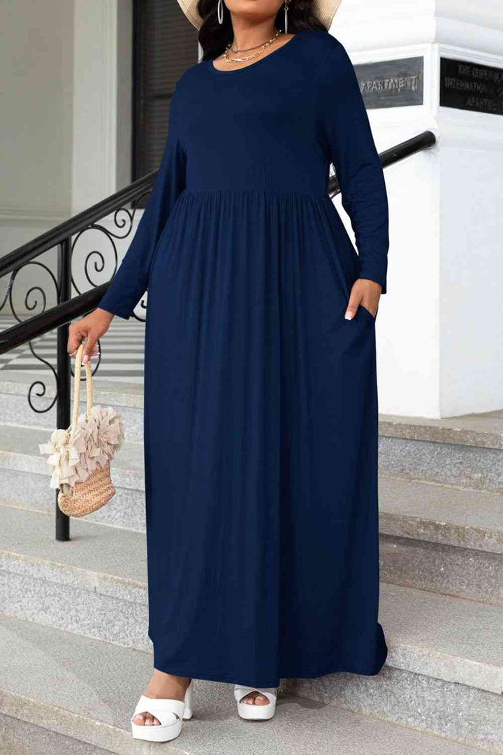 Plus Size Round Neck Long Sleeve Maxi Dress with Pockets |1mrk.com