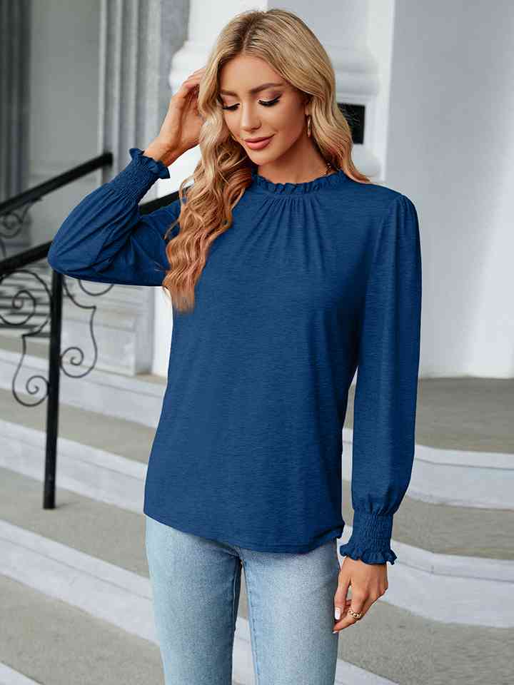 Round Neck Flounce Sleeve Blouse | 1mrk.com