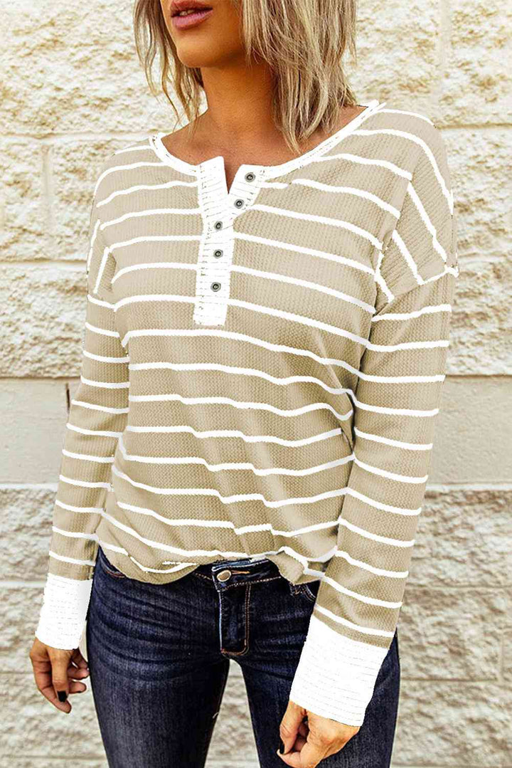 Striped Waffle Knit Henley Long Sleeve Top | 1mrk.com