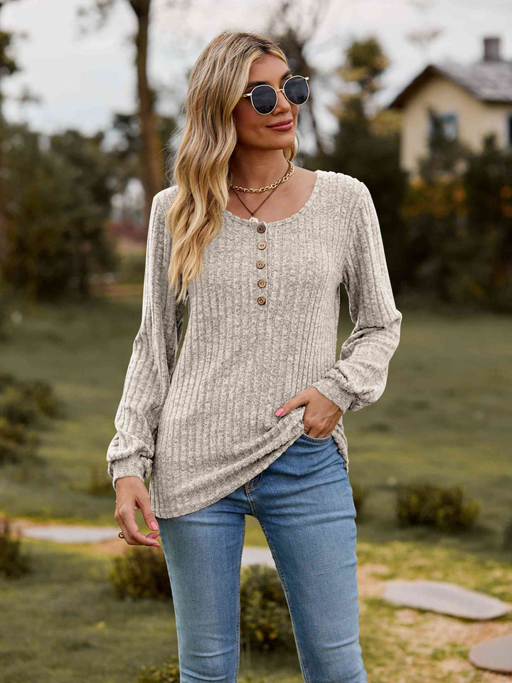 Round Neck Button-Down Long Sleeve Tee | 1mrk.com