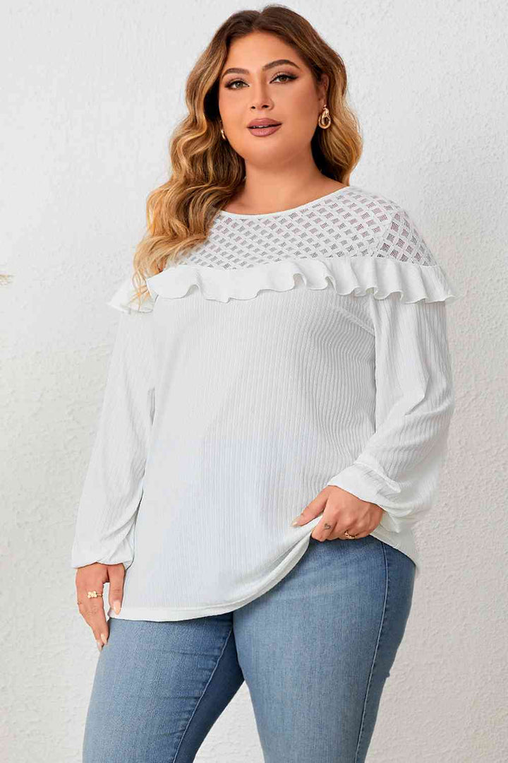 Plus Size Ruffled Round Neck Long Sleeve Blouse | 1mrk.com