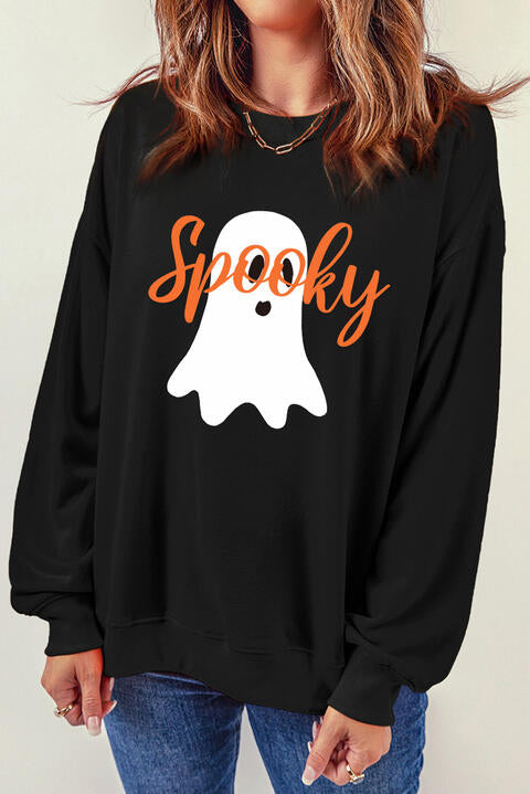 SPOOKY Ghost Graphic Round Neck Sweatshirt |1mrk.com