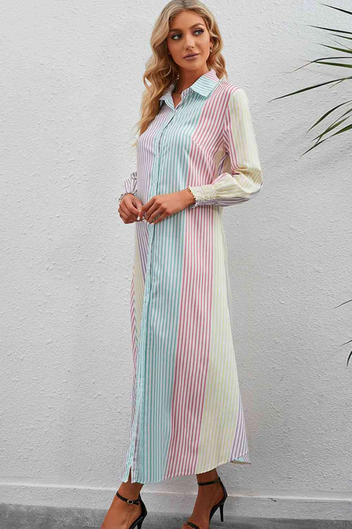 Rainbow Stripe Button-Up Maxi Shirt Dress |1mrk.com