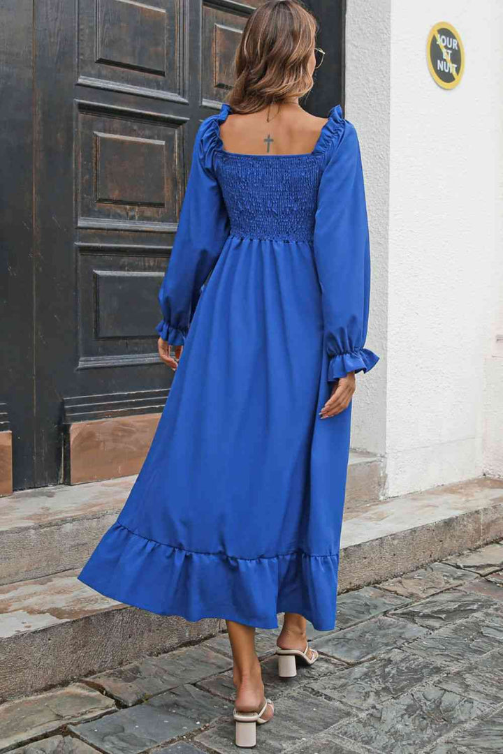 Smocked Ruffle Hem Flounce Sleeve Dress |1mrk.com