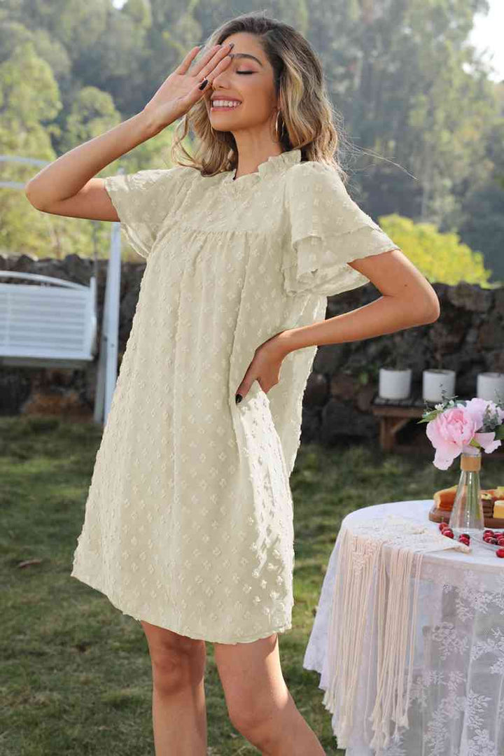 Swiss Dot Round Neck Flutter Sleeve Dress |1mrk.com