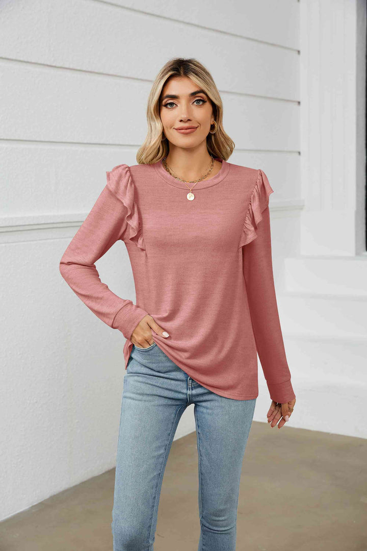 Ruffle Shoulder Long Sleeve T-Shirt | 1mrk.com