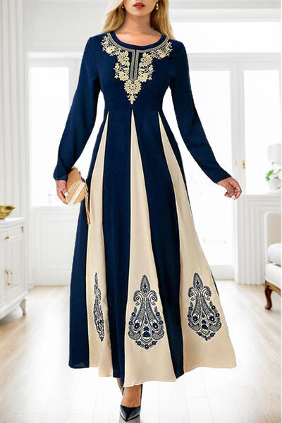 Printed Round Neck Long Sleeve Maxi Dress | 1mrk.com