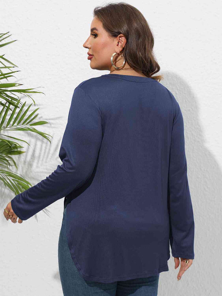 Plus Size Round Neck Long Sleeve Slit T-Shirt | 1mrk.com