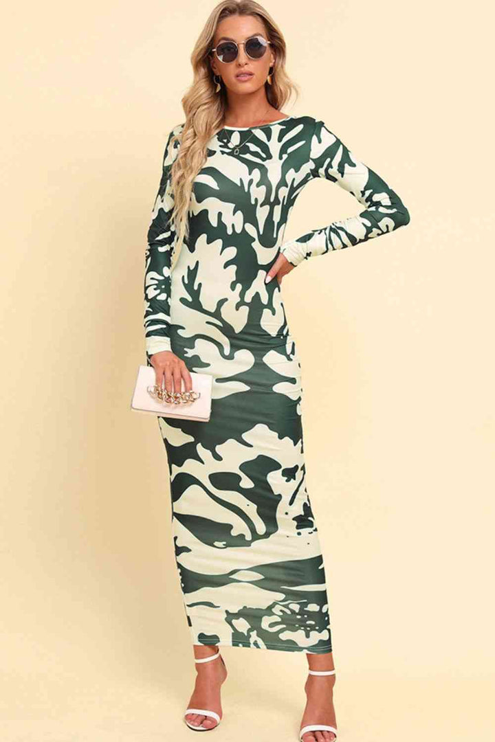 Printed Backless Long Sleeve Maxi Dress |1mrk.com