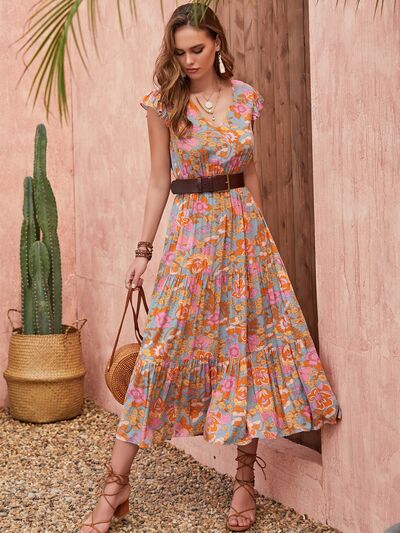 Ruffled Printed V-Neck Cap Sleeve Tiered Dress | Trendsi